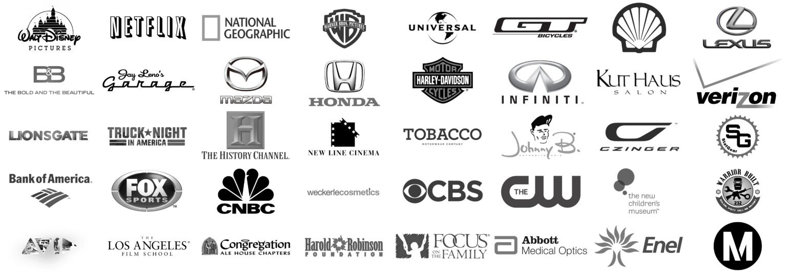 AMK Films client logos on a white background, showcasing collaborations with prestigious companies including Walt Disney, Netflix, National Geographic, Warner Bros, Universal, Shell, History Channel, New Line Cinema, Bank of America, Fox Sports, Abbott Medical Optics, and the CW.