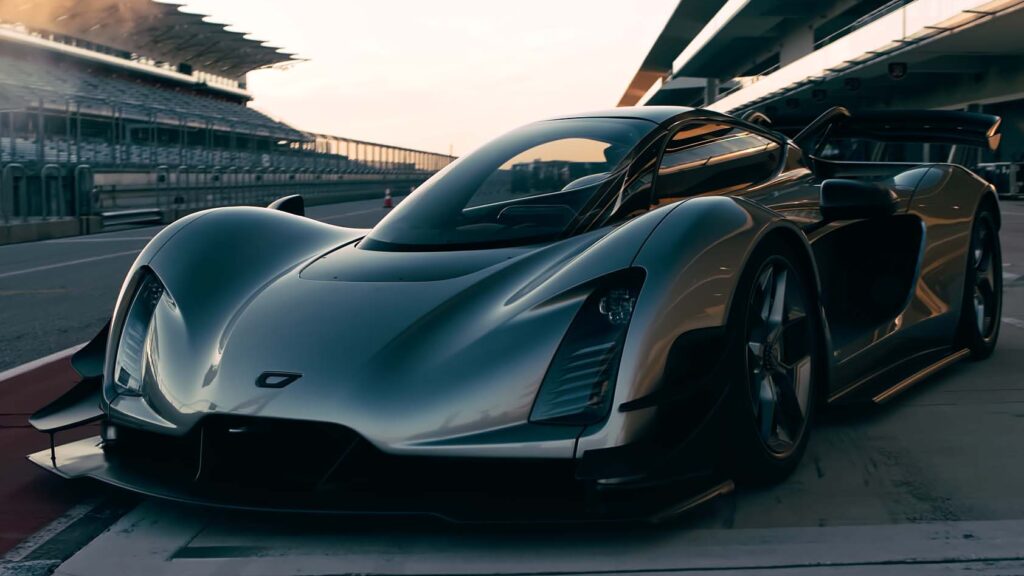 A stunning shot of a silver Czinger 21C at the Cota raceway in Texas during sunset, right after surpassing McLaren's lap time.