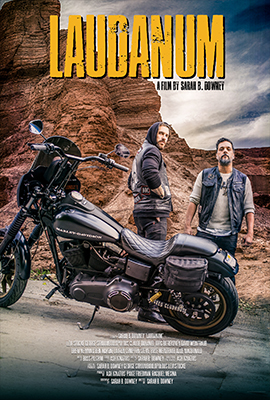 Movie poster for 'Laudanum,' depicting motorcycle gangs, betrayal, and a new beginning.