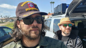 Aaron Kahn and Luca Mercuri from AMK Films prepare the DJI Inspire 2 drone for an aerial shoot on the set of the Maserati Levante commercial in San Diego. The crew is focused and ready, showcasing the precision and teamwork required for high-end automotive cinematography.