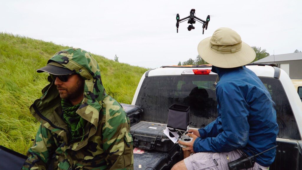 Aaron Kahn and Hrant Grant Gulesserian operating drones to capture high-octane truck stunts on the set of Truck Night in America.